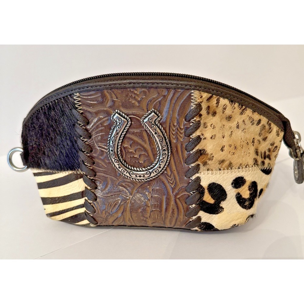 Unbranded Small Western Patchwork Makeup Bag Horseshoe Faux Leather Clutch Brown
